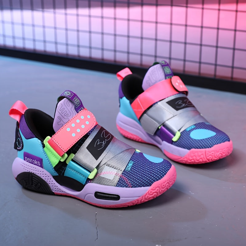 Kids' Colorful Mesh Basketball Shoes with Non-Slip Rubber Sole and Hook-and-Loop Strap