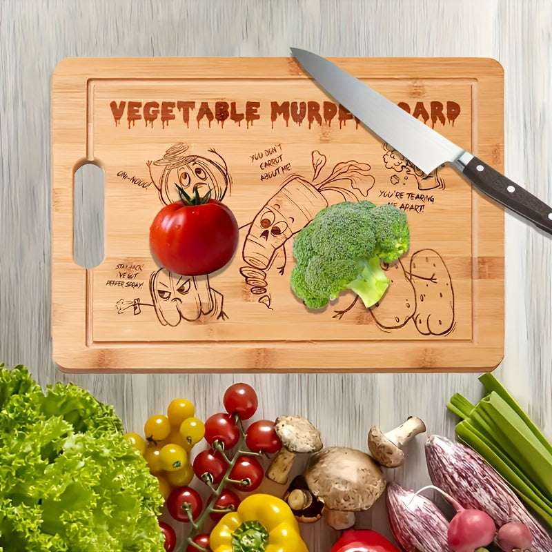 Engraved Bamboo Cutting Board with Vegetable Murder Design Non-Stick Kitchen Decor