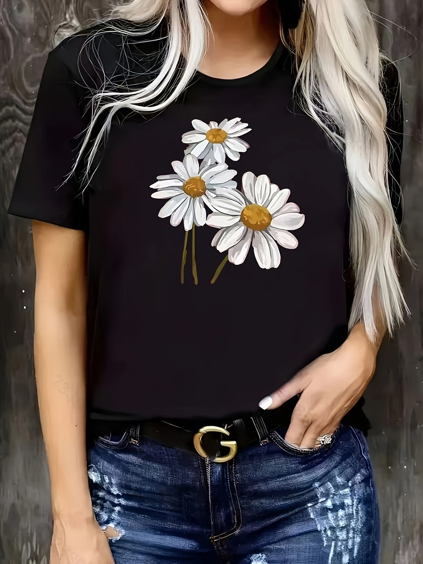 Women's Cotton Short Sleeve T-Shirt Black White Daisy Print Casual Top