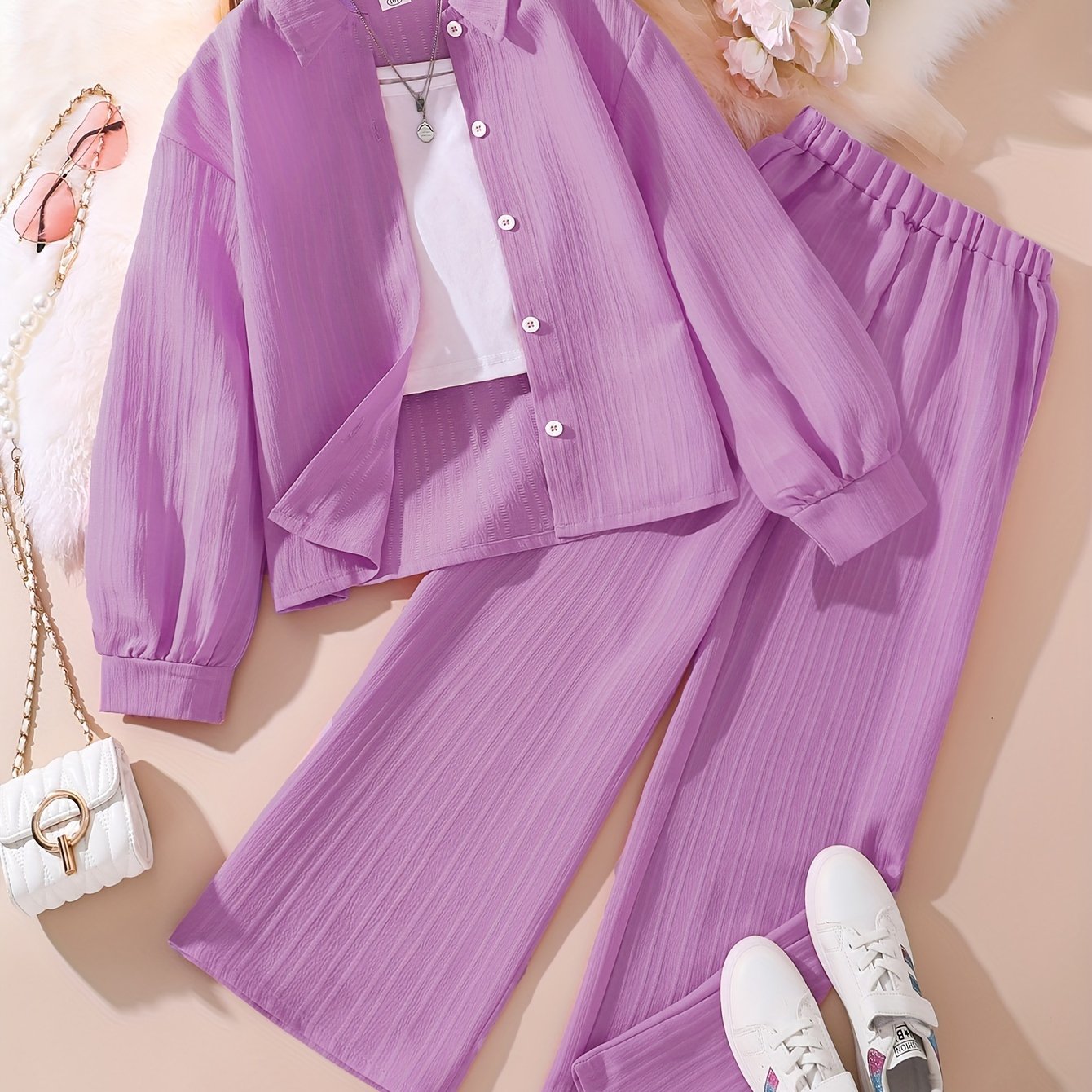 Girls' Clothing Set for 8-12 Years Long Sleeve Solid Color Korean Style Casual Outfit