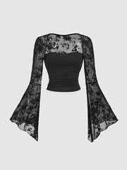Black Lace Bell Sleeve Crop Top with Bow Tie and Knit Fabric for All Seasons