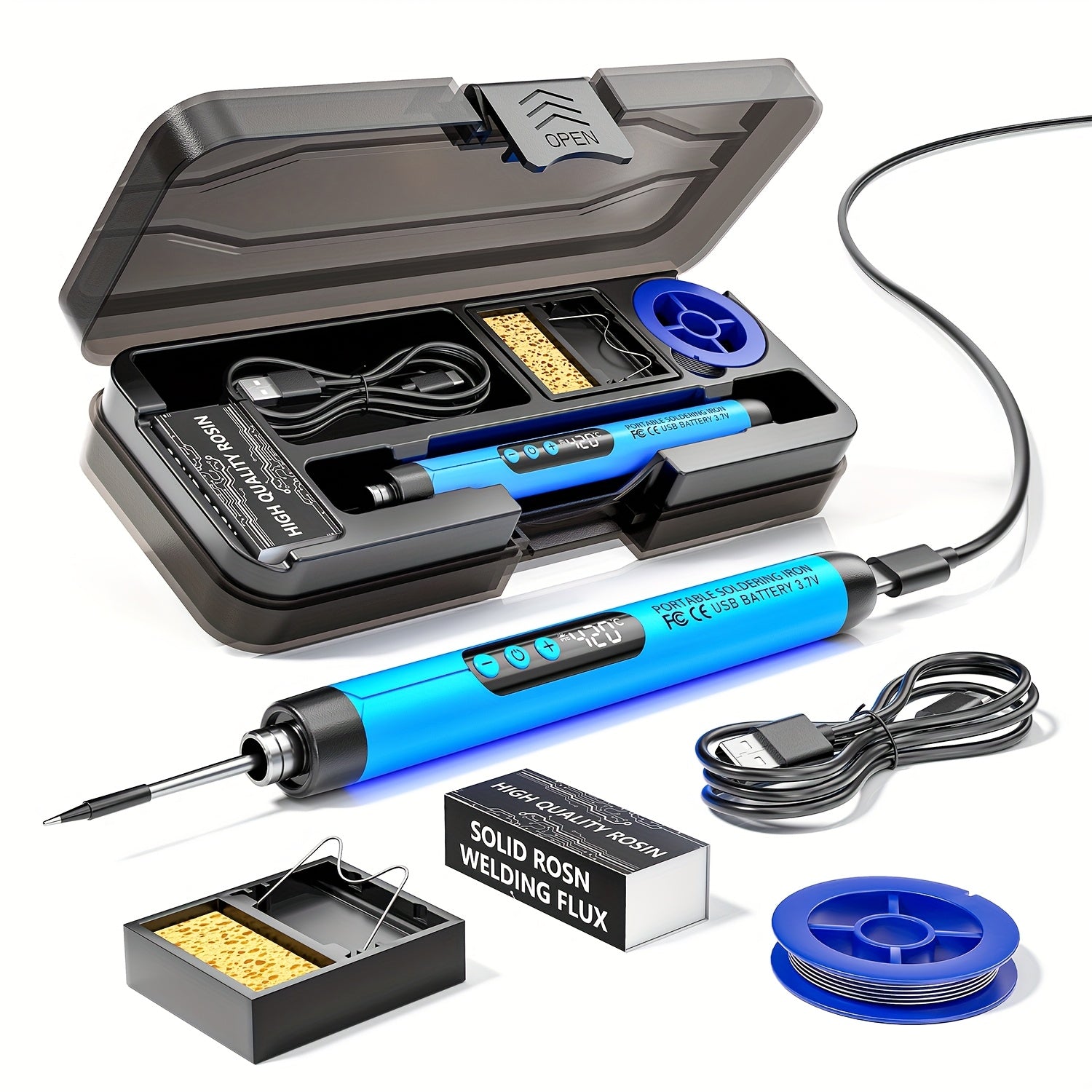 Portable USB Soldering Iron with Adjustable Temperature LCD Display Rechargeable Battery and Storage Box Red