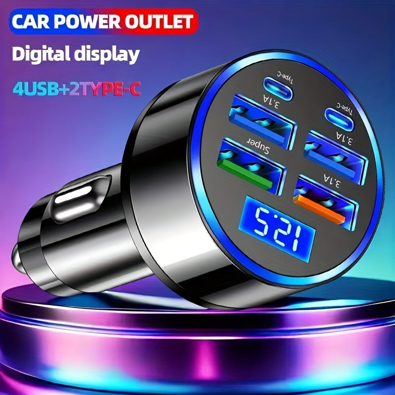 6-в-1 Быстрая зарядка для автомобиля с LED-дисплеем, двойной USB PD QC3.0