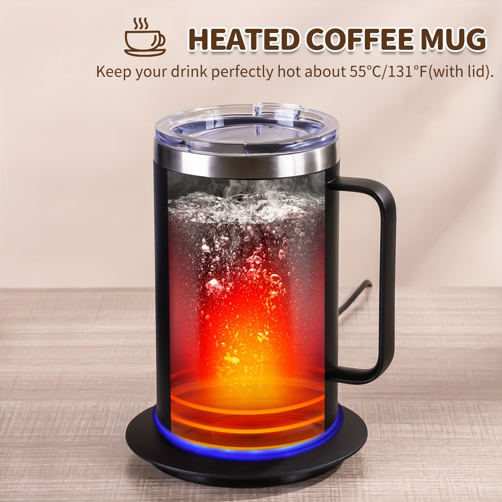 Large Stainless Steel Heated Coffee Mug with Lid USB Portable Hot Drink Keeper