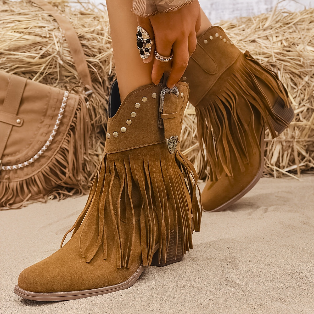 Women's Western Cowboy Boots with Rivets Fringe Fabric Upper All-Season
