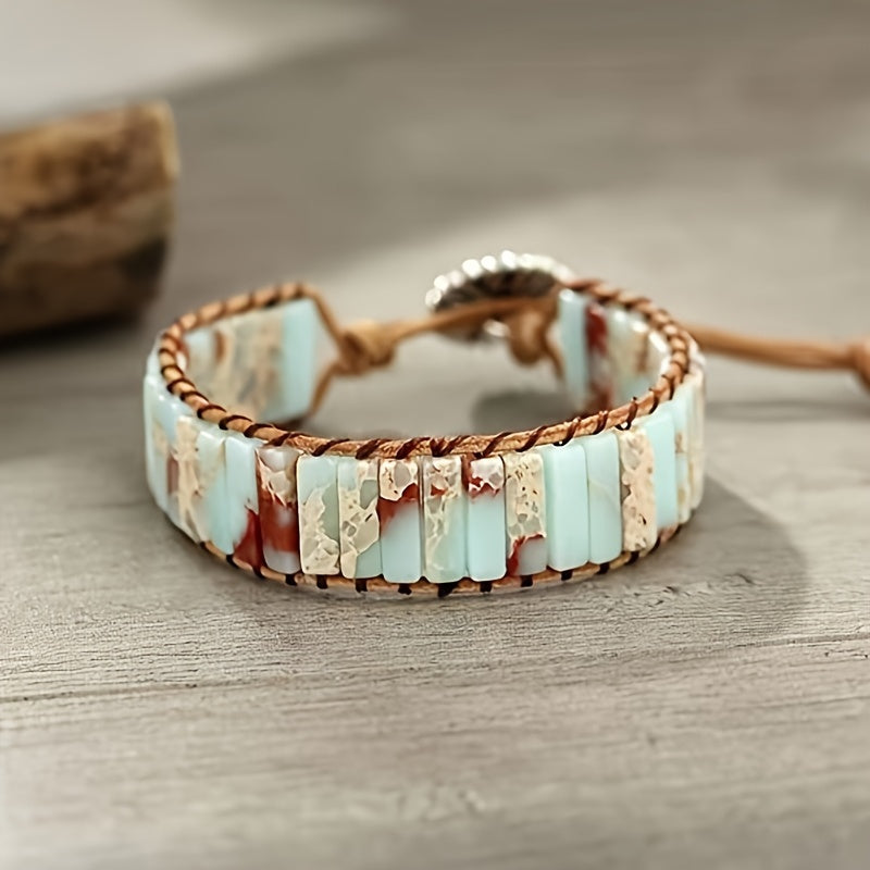Boho Beaded Leather Wrap Bracelet with Multicolor Gemstones for Women