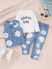 Girls' Casual Outfit with Denim Vest, Floral Jeans and Long Sleeve Tee for Spring Fall