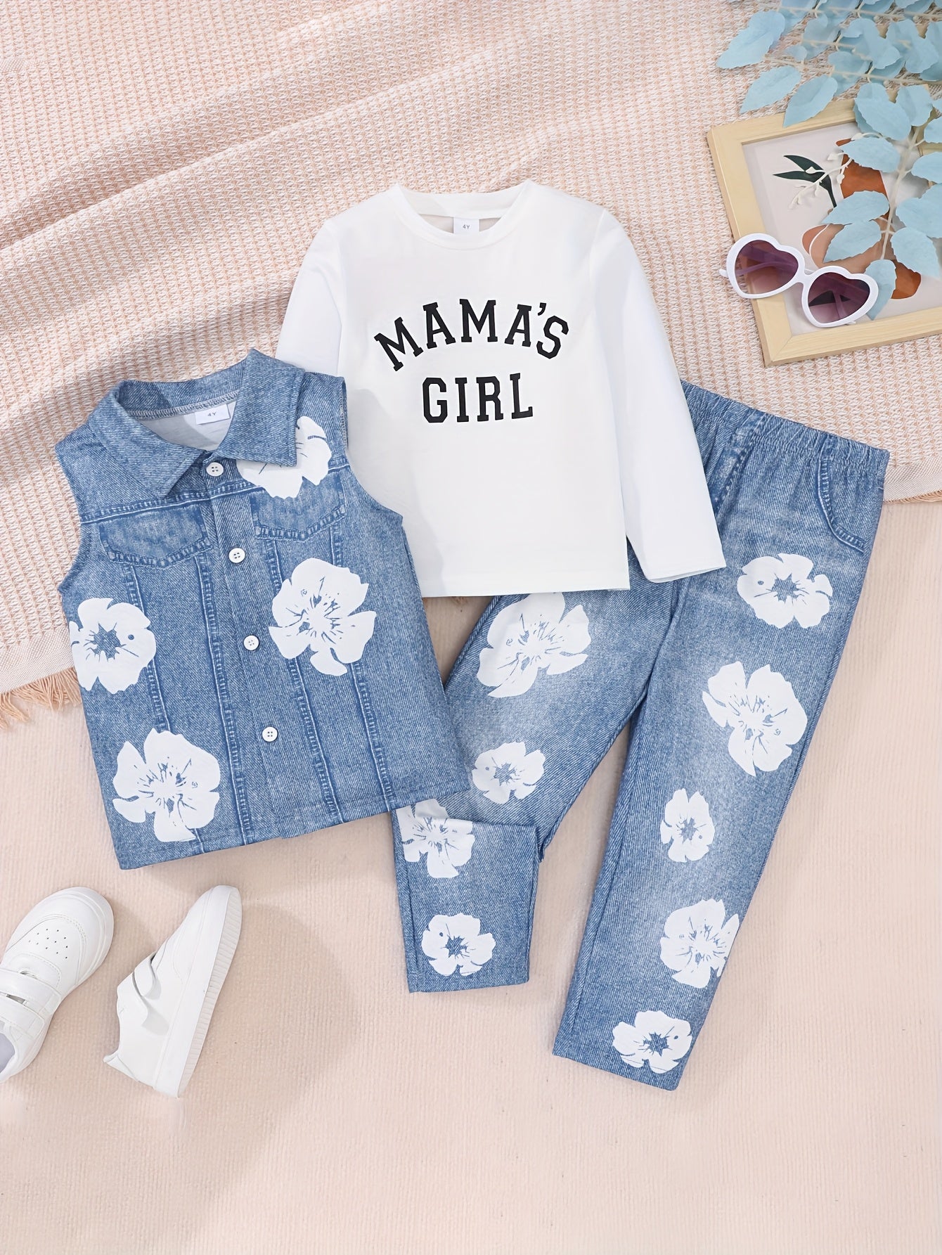 Girls' Casual Outfit with Denim Vest, Floral Jeans and Long Sleeve Tee for Spring Fall