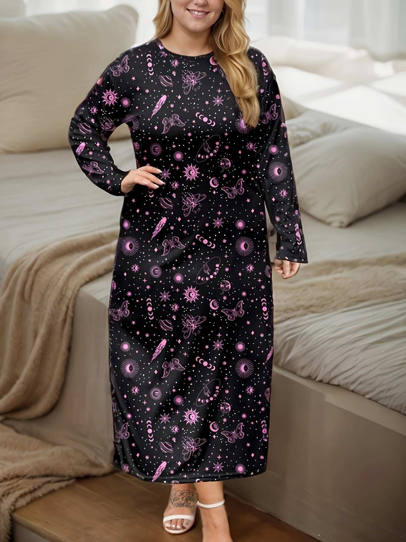 Women Long Sleeve Night Dresses Butterfly Print Casual Sleepwear Pack