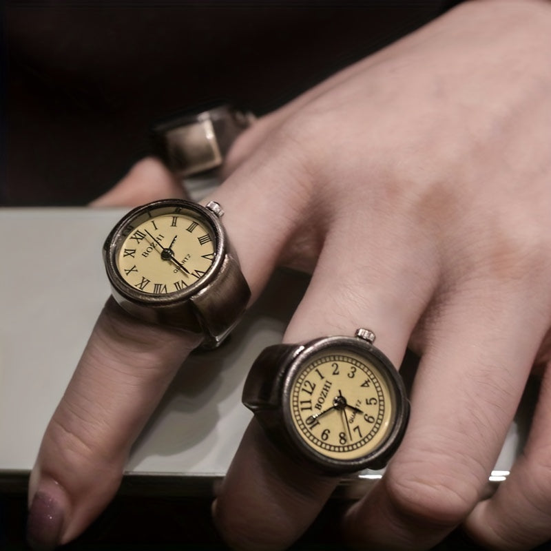 Retro Mini Finger Ring Watch with Roman Numerals and Quartz Movement for Women and Men