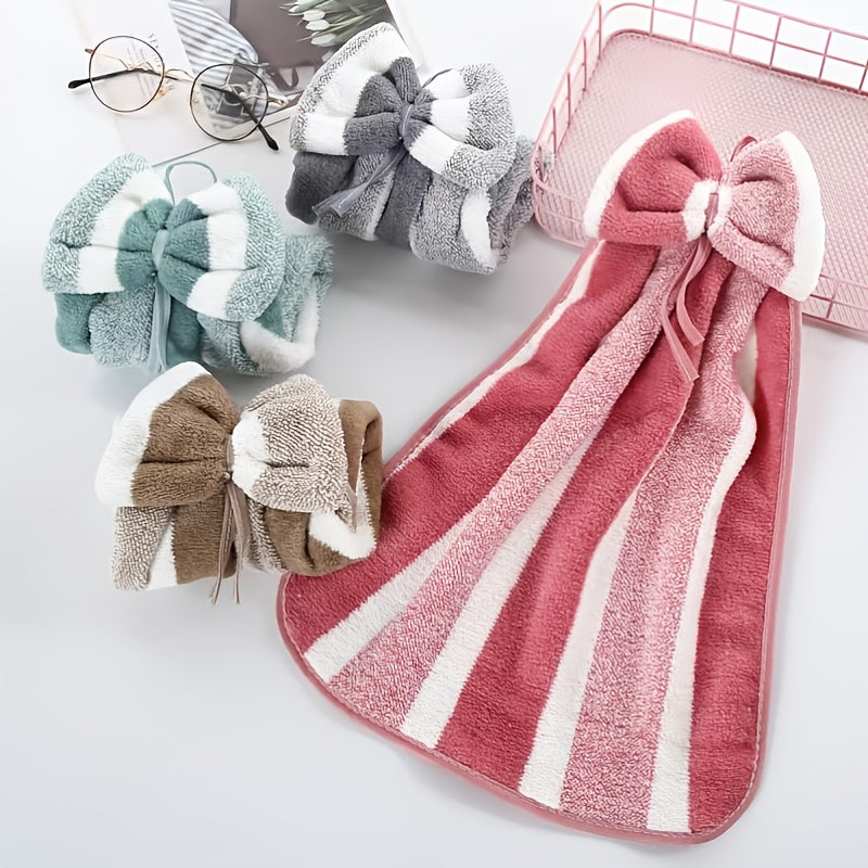 Velvet Towel with Stripes and Bow Design for Bathroom Use 1pc