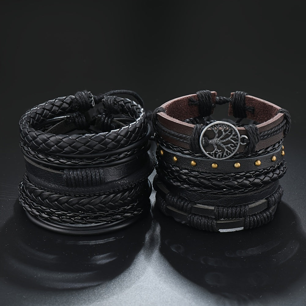 Set of 10 Multi-Layer Woven Bracelets with Peace Tree Design in Black PU Leather