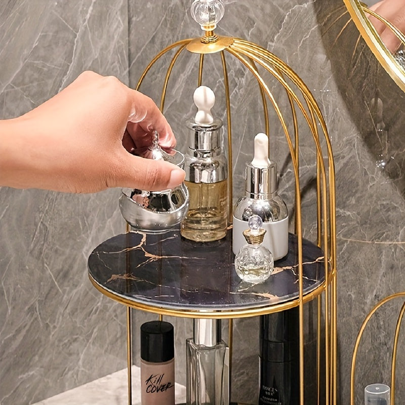 Organizador de maquillaje de mármol blanco y dorado elegante de 2 niveles, acero inoxidable, independiente, para baño, almacenamiento