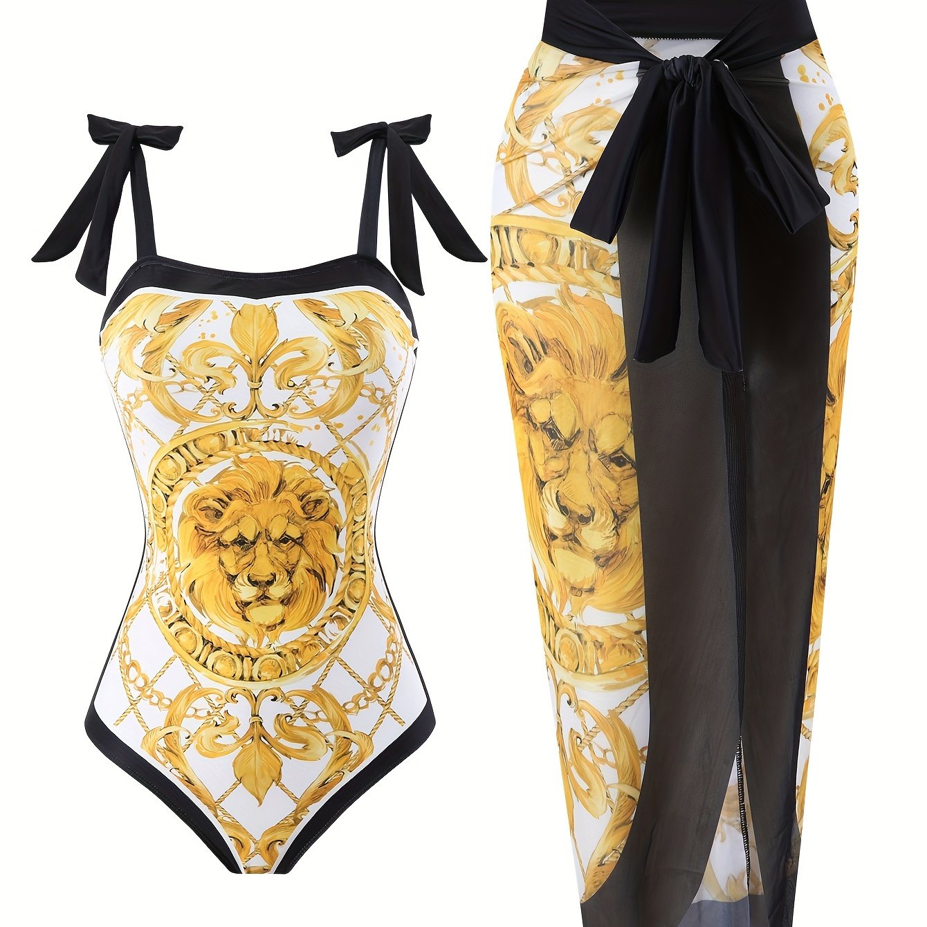 Golden Tone Lion Print Two-Piece Swimsuit with Bowknot Shoulder and Mesh Cover Up
