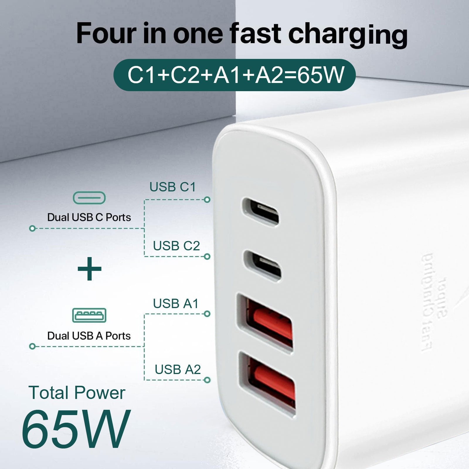 4-Port USB-C Fast Charging Wall Adapter 10-20W European Plug for iPhone iPad AirPods Galaxy