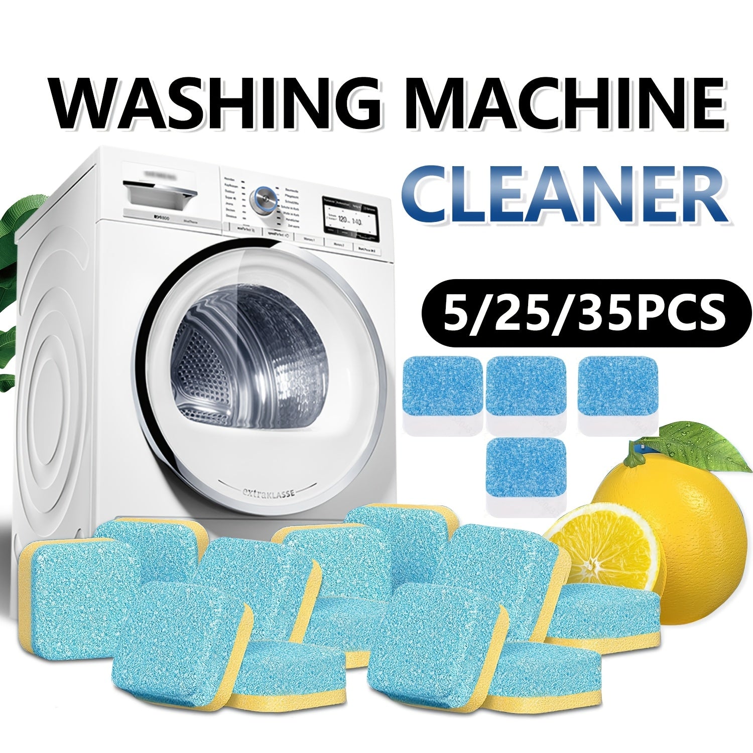 All-in-One Lemon Scent Washing Machine Cleaner Tablets 5/25/35pcs Deep Cleaning Detergent for Front and Top Load Machines