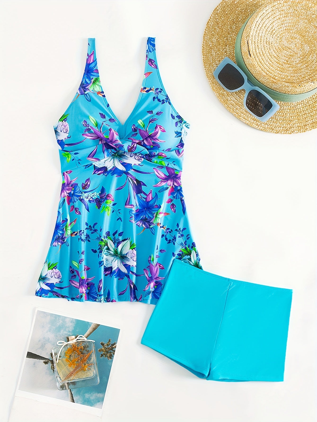 Women's Tropical Print Tankini Set with Boxer Shorts Swimsuit