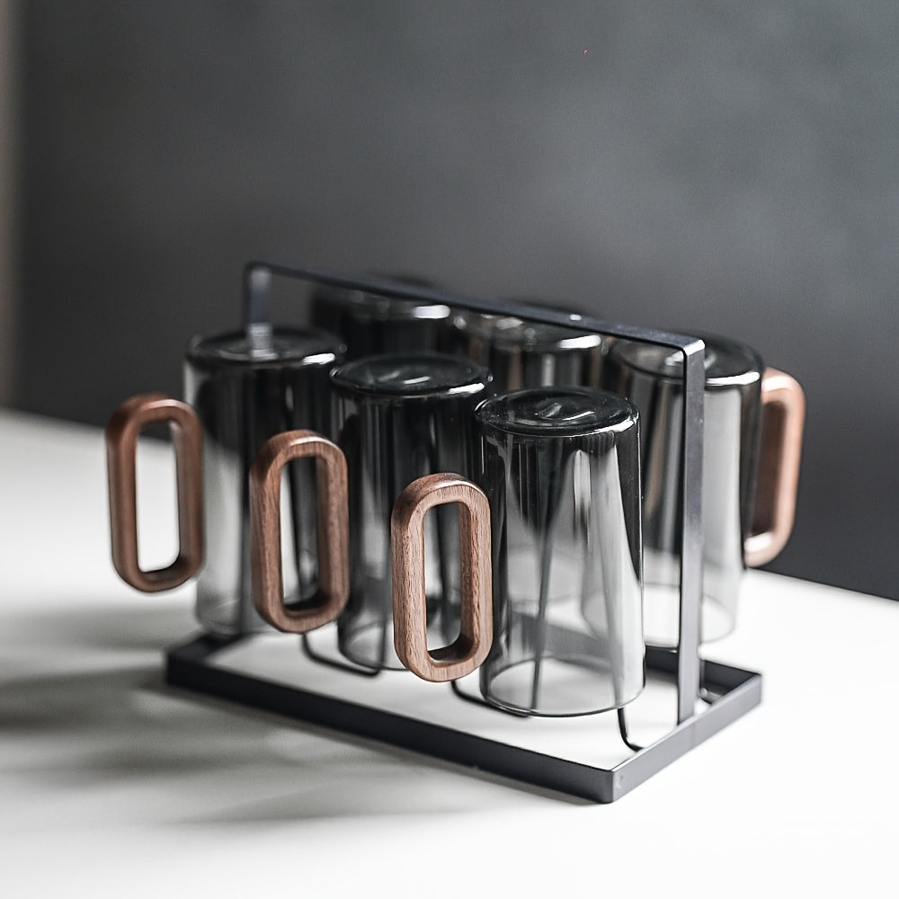 2/6 High Borosilicate Glass Water Cups with Smoke Green Wooden Handles and Black Walnut Tea Set