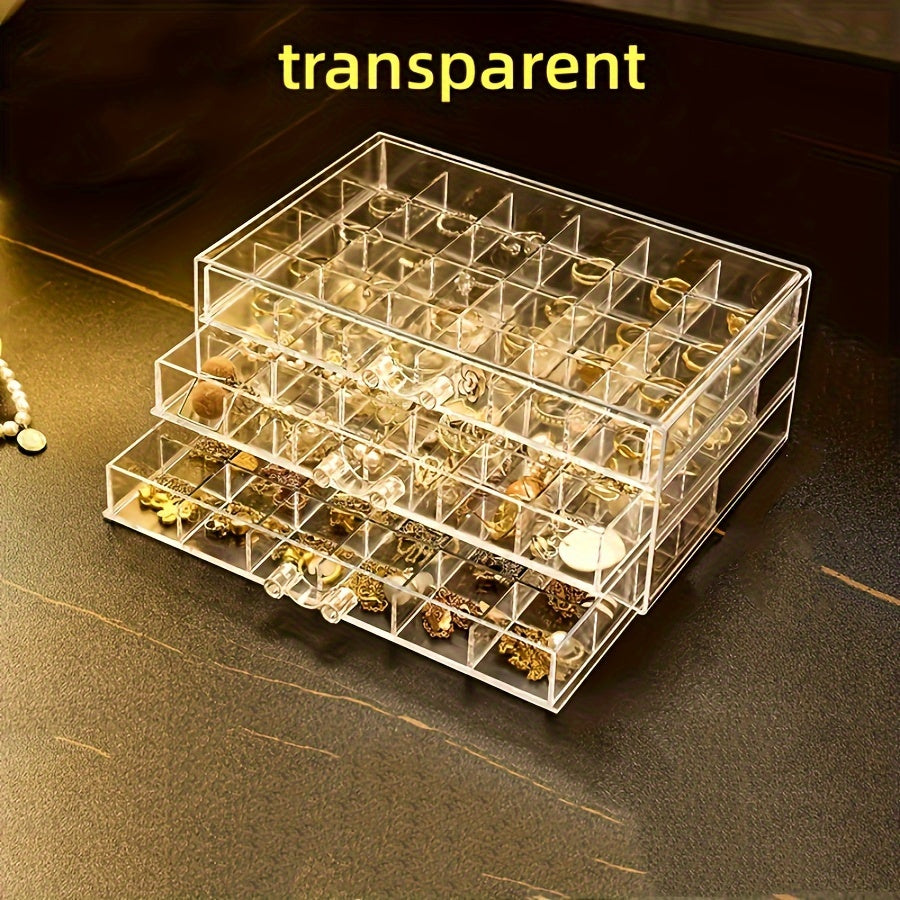 Large Capacity Jewelry Storage Box with 3 Layers and 72 Grids for Earrings and Necklaces