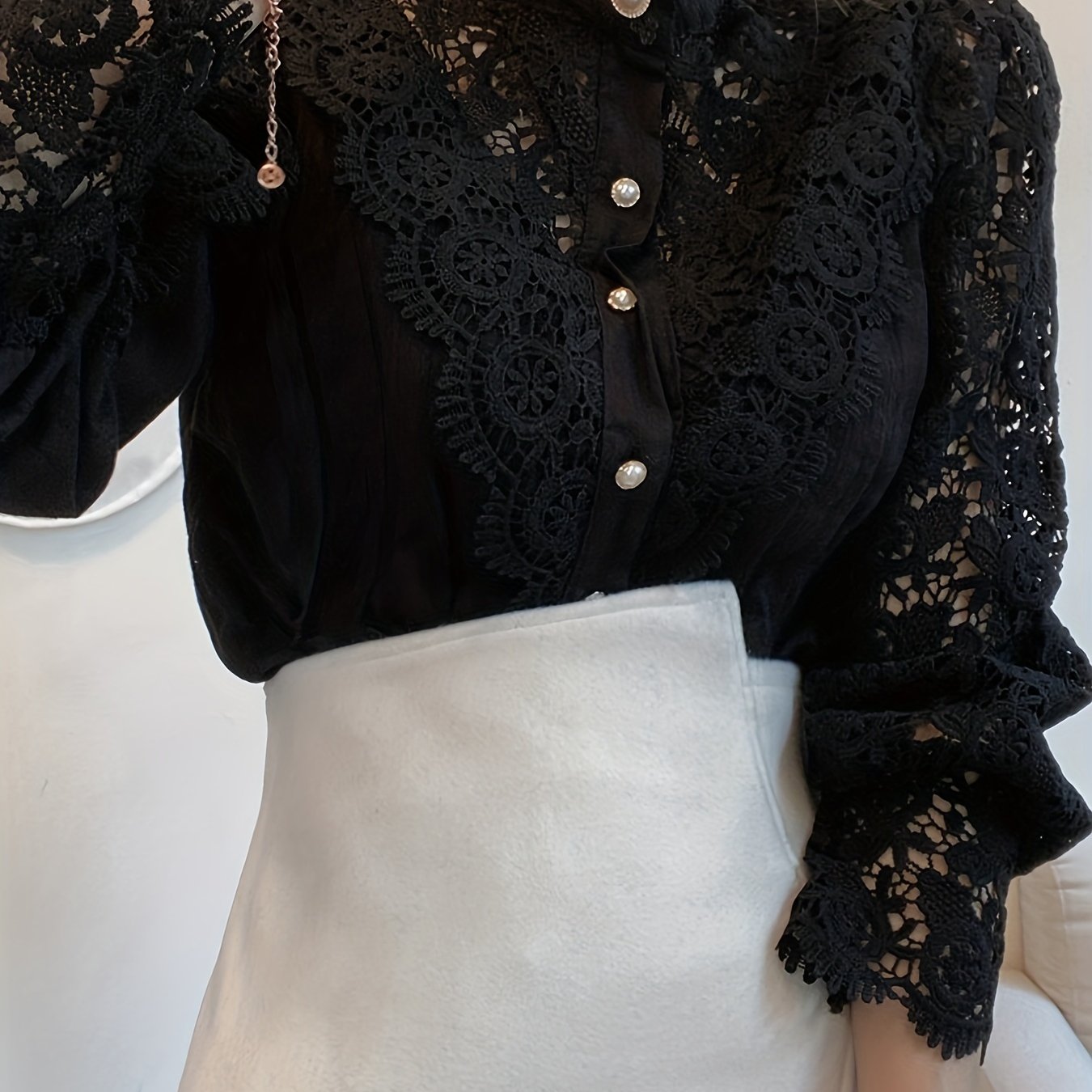 Victorian Lace Blouse for Women with Pearl Buttons Floral Pattern Long Sleeve Woven Cotton Polyester Top