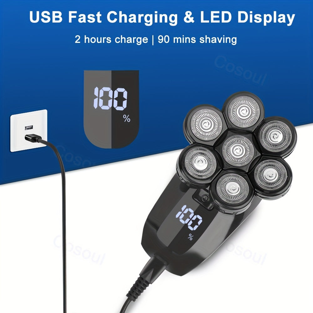 Afeitadora eléctrica 7 en 1 para hombres, recargable por USB, pantalla LED, cabezales flotantes, cortapelos, recortador de nariz y barba, lavable, cuerpo, batería de larga duración