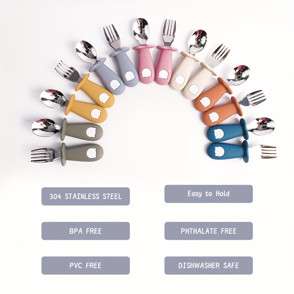 Children's Feeding Set with Silicone and Stainless Steel Spoons and Forks, Non-Toxic, Kid-Friendly