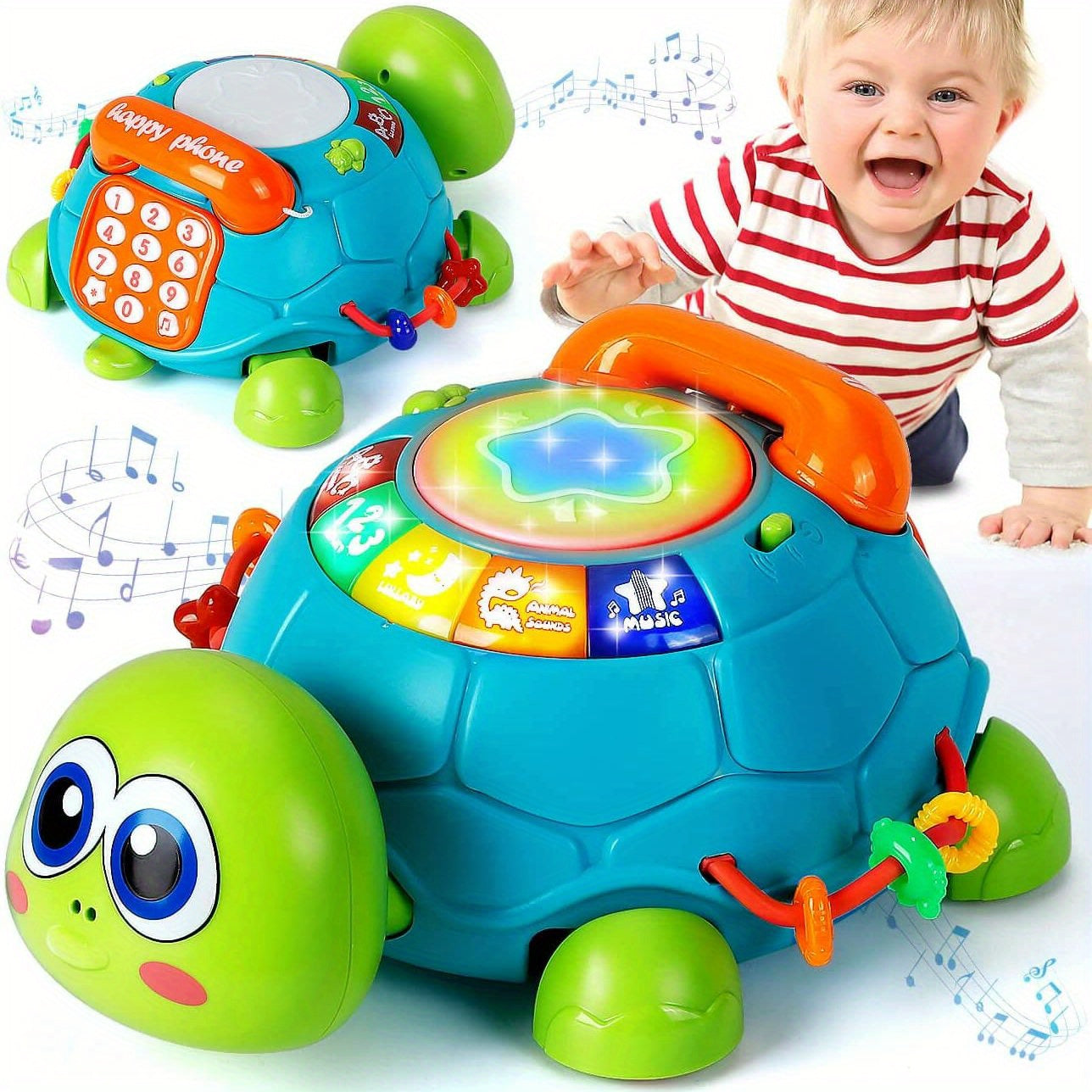 Kids Educational Toy Light-Up Turtle with Hand Drum Keyboard and Colorful Buttons Green White