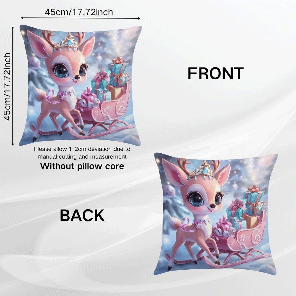 Festive Christmas Throw Pillow Cover 45cm Square Elf and Reindeer Design Polyester