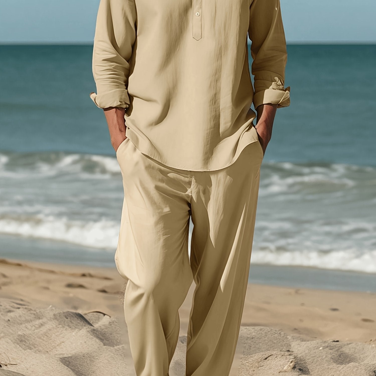 Men's Casual Polyester Suit Set with Solid Color Long Sleeve Shirt and Pants Plus Size