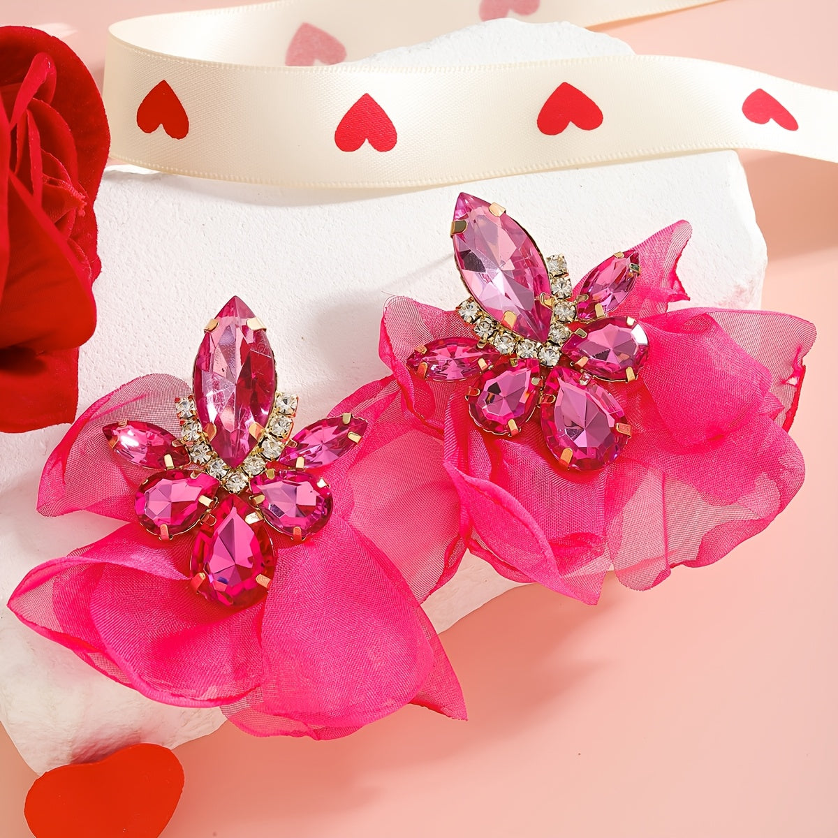Pink Rhinestone Flower Heart Dangle Earrings for Women Jewelry Gift