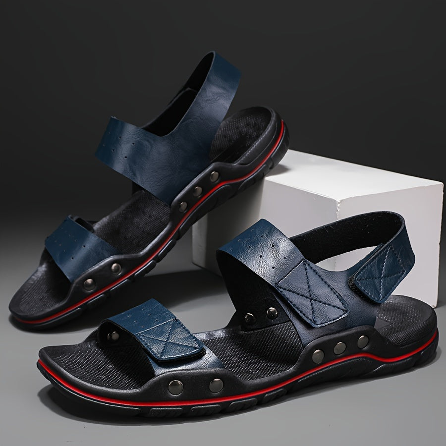Men's Plus Size Solid Color PU Sandals with Hook-and-Loop Closure Rubber Sole