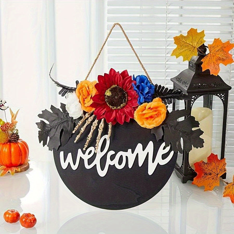 Wooden Halloween Door Sign Yellow Black Wreath Welcome Decoration