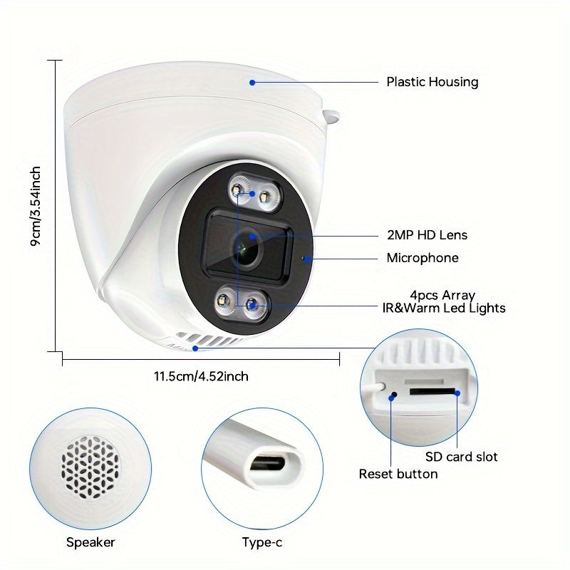 Wireless Dome Security Camera 1080p Night Vision 2-Way Audio Motion Detection Smartphone Compatible