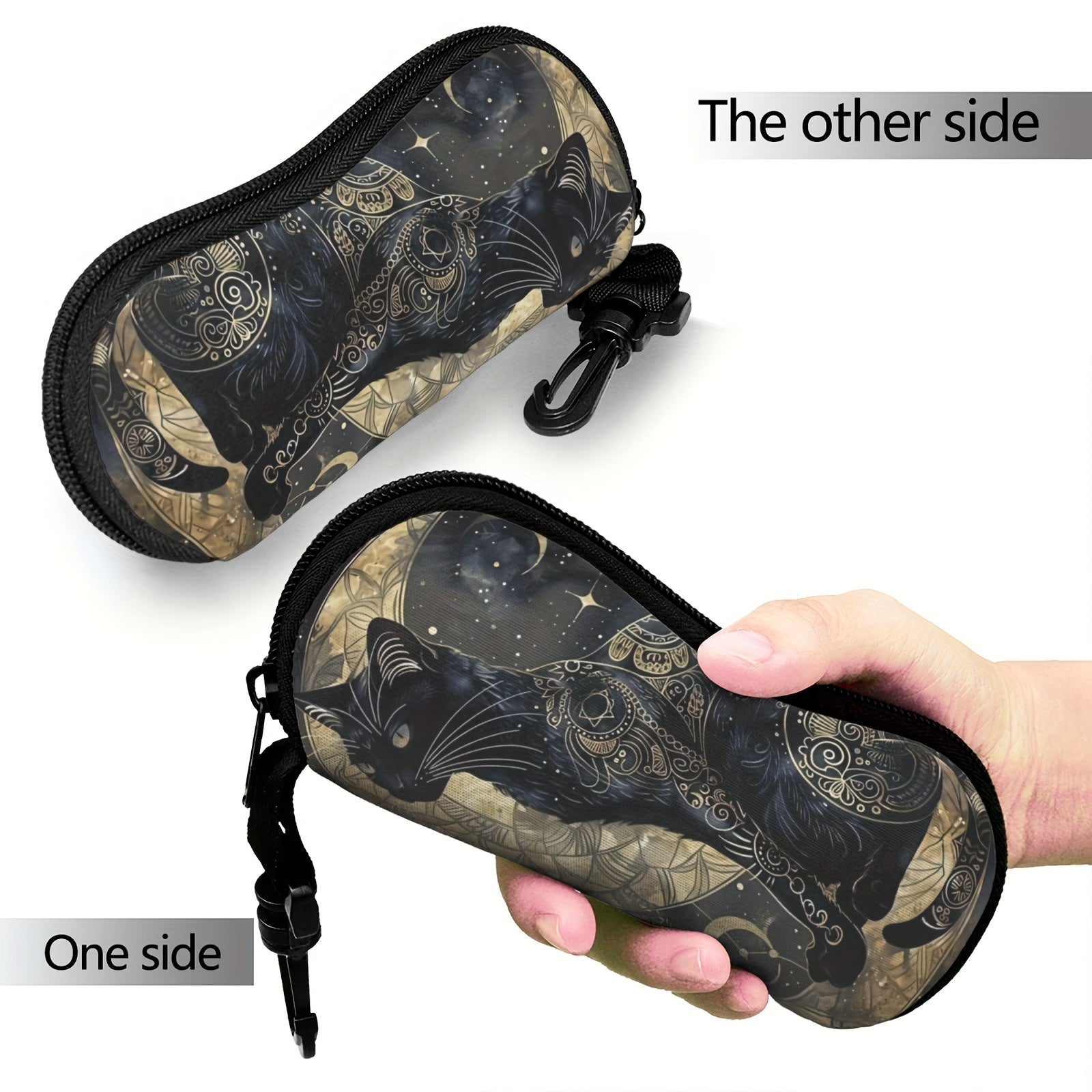 Black Cat and Moon Printed Glasses Case Neoprene Eyewear Sleeve with Zipper