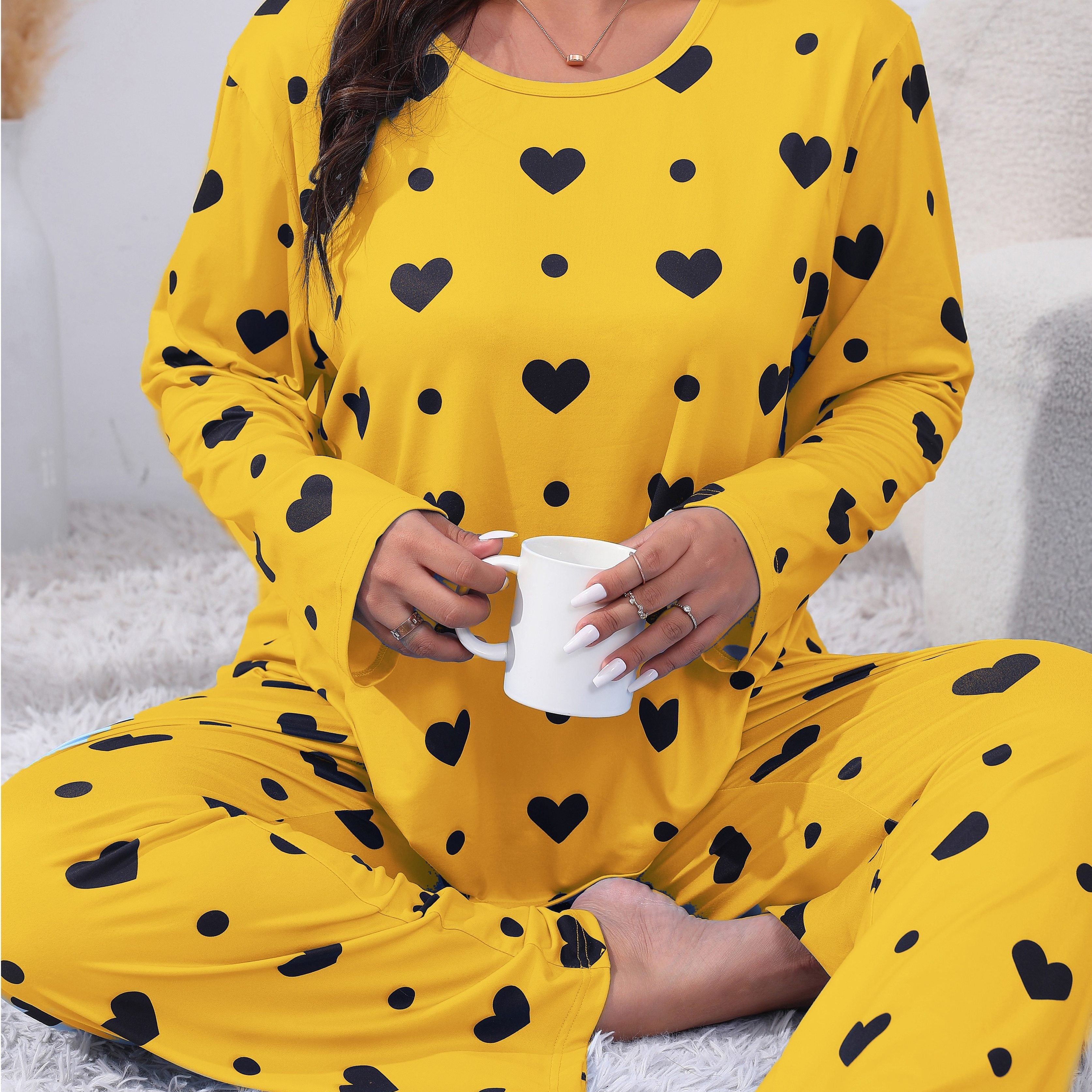 Plus Size Women's Pajama Set Long Sleeve Heart Print Lounge Two Piece