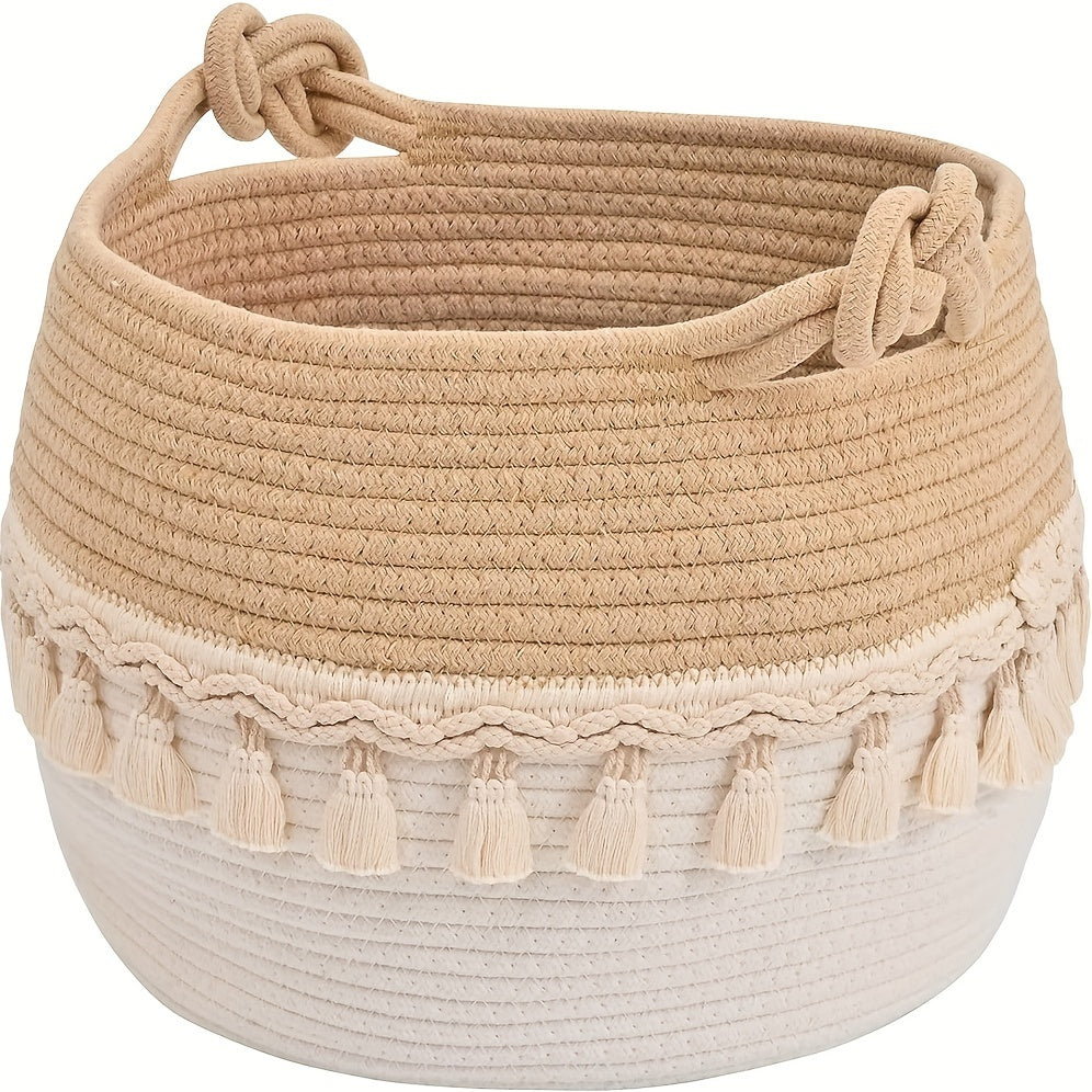 Bohemian Tassel Woven Storage Basket for Kids Nursery Toy and Laundry Hamper 30cm x 23cm