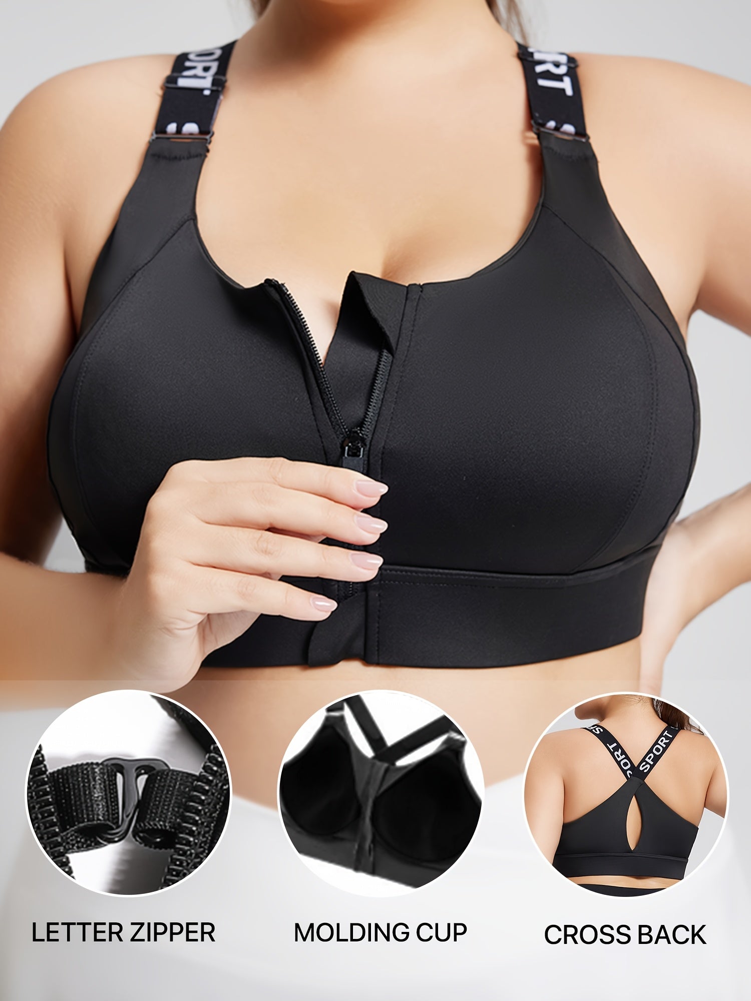 Women's High-Impact Zipper Yoga Sports Bra with Adjustable Straps and Molded Cups