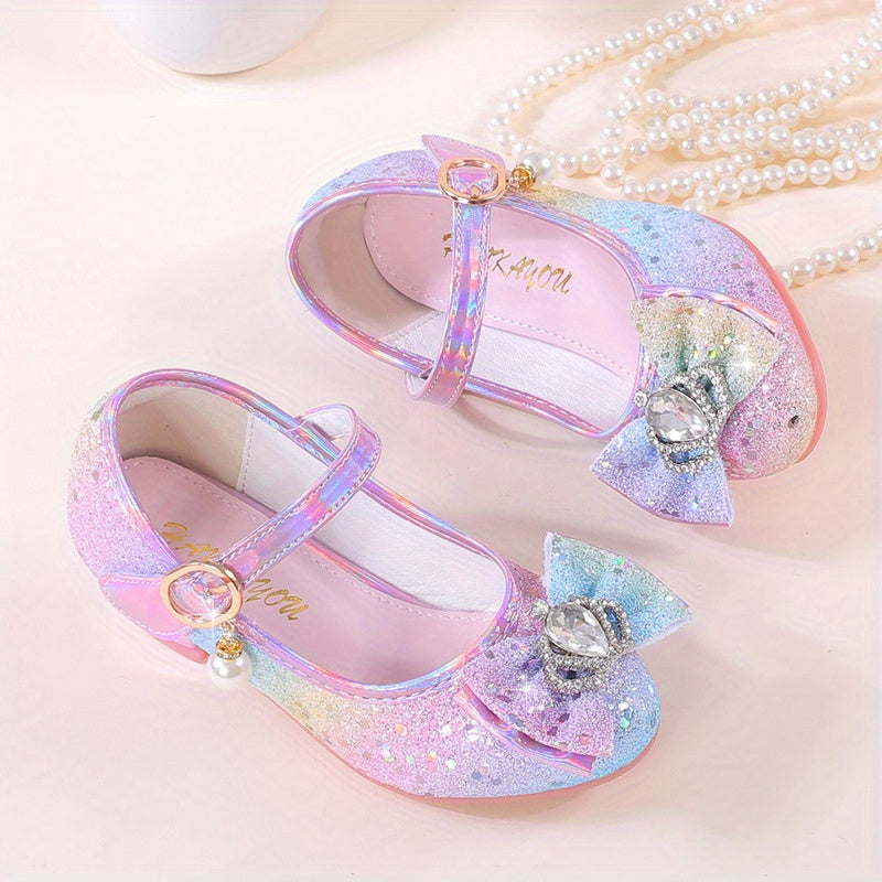 Girls Rainbow Sparkly High Heels with Pearls Rhinestones Non-Slip Sole for Parties and Performances