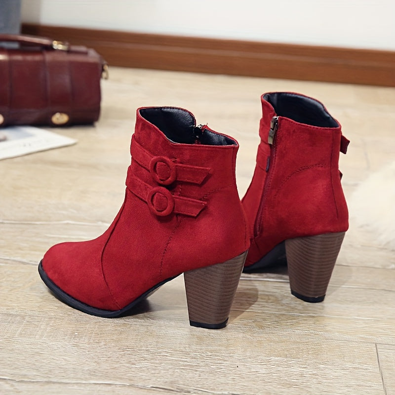 Women Ankle Booties Solid Color Fabric Pointed Toe Block Heel Shoes
