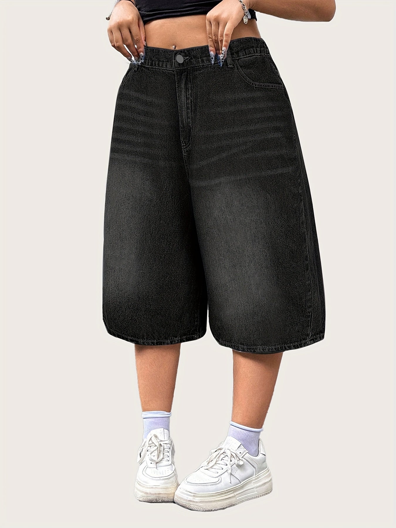 Plus Size Women's Denim Shorts Elastic Waist Casual Baggy Fit