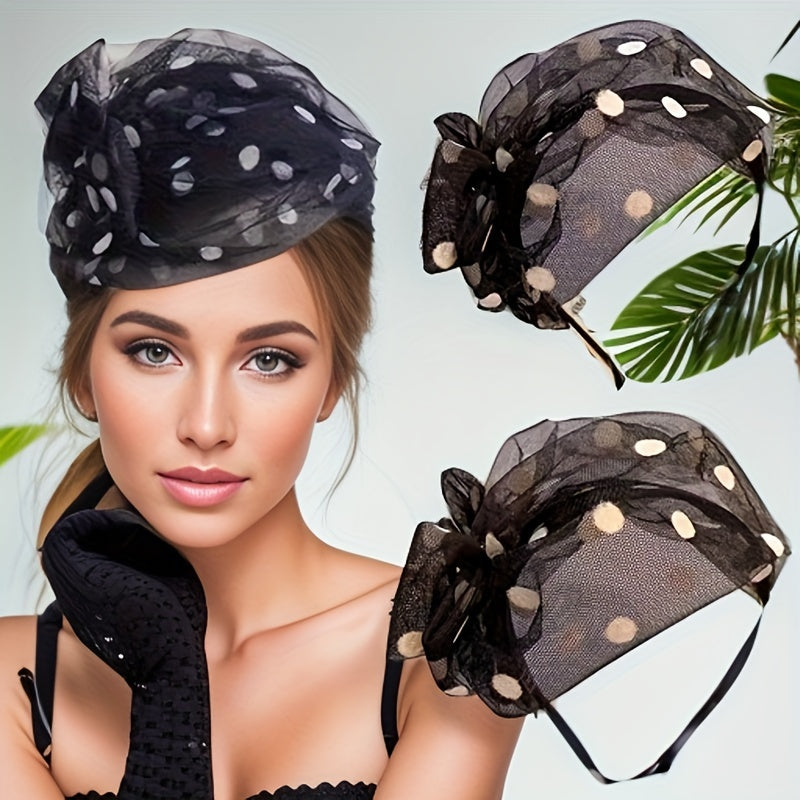 Wide-Brim Headband with Polka Dot Mesh and Bow for Summer Events