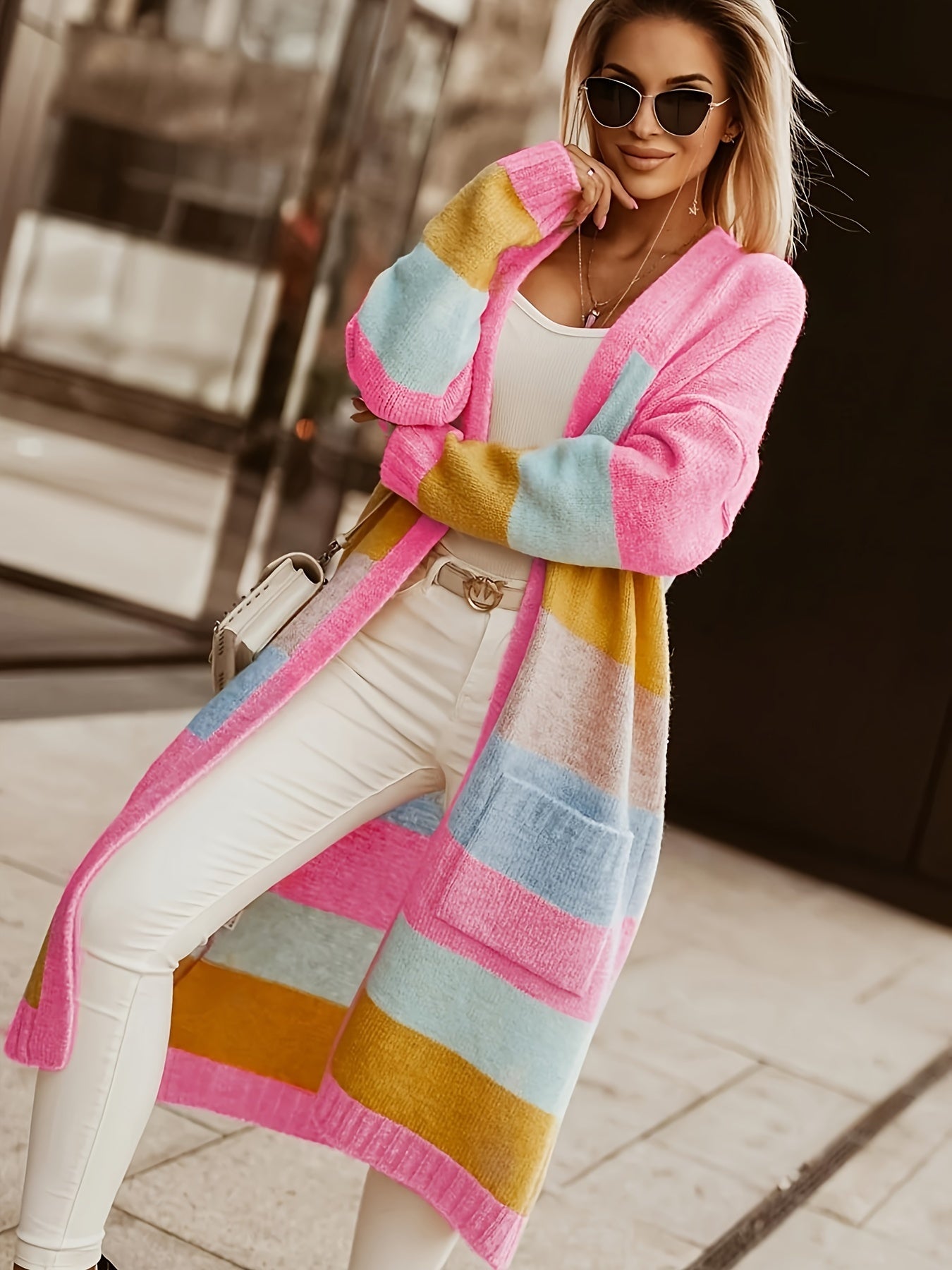 Plus Size Color Block Oversized Cardigan Women's Long Knit Sweater