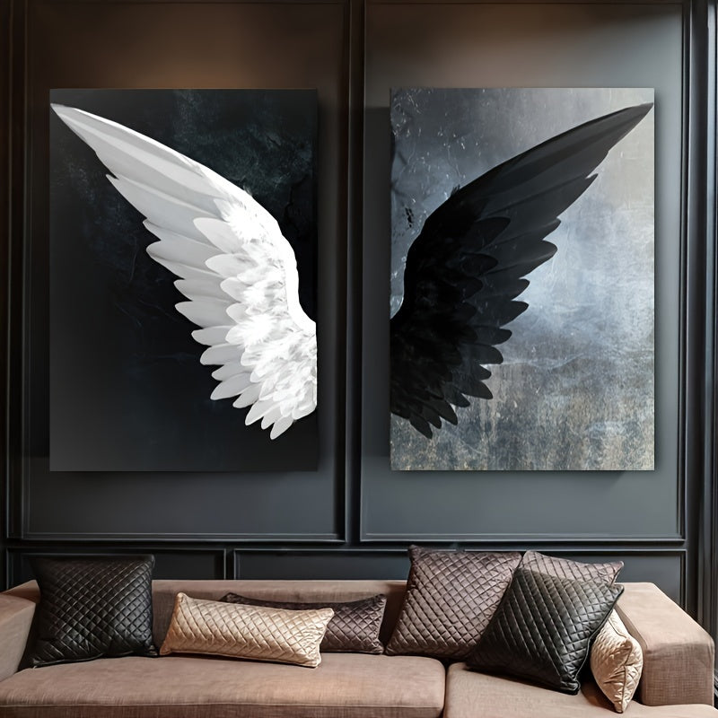 Set of Two Black and White Angel Wings Canvas Wall Art Prints for Living Room Bedroom Office
