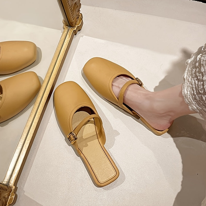 Women Square Toe Mules with Adjustable Strap Soft Sole Slip-On Casual Shoes