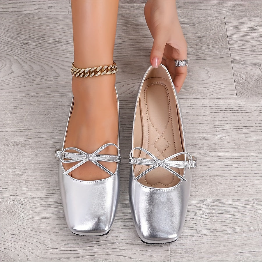 Zapatos planos de bailarina para mujer con punta cuadrada, lazos y suelas suaves