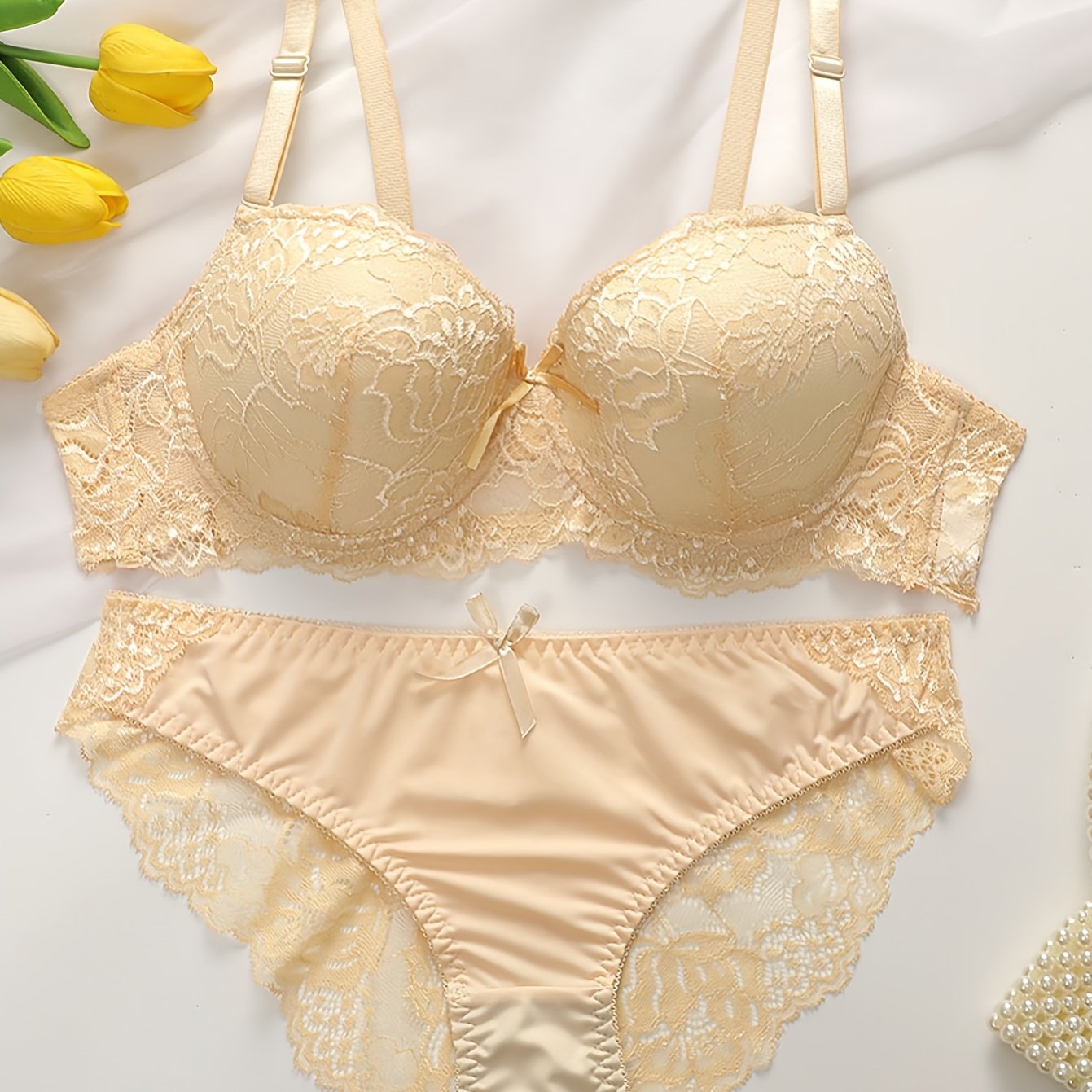 Women's Floral Lace Lingerie Set with Push-Up Bra and See-Through Briefs