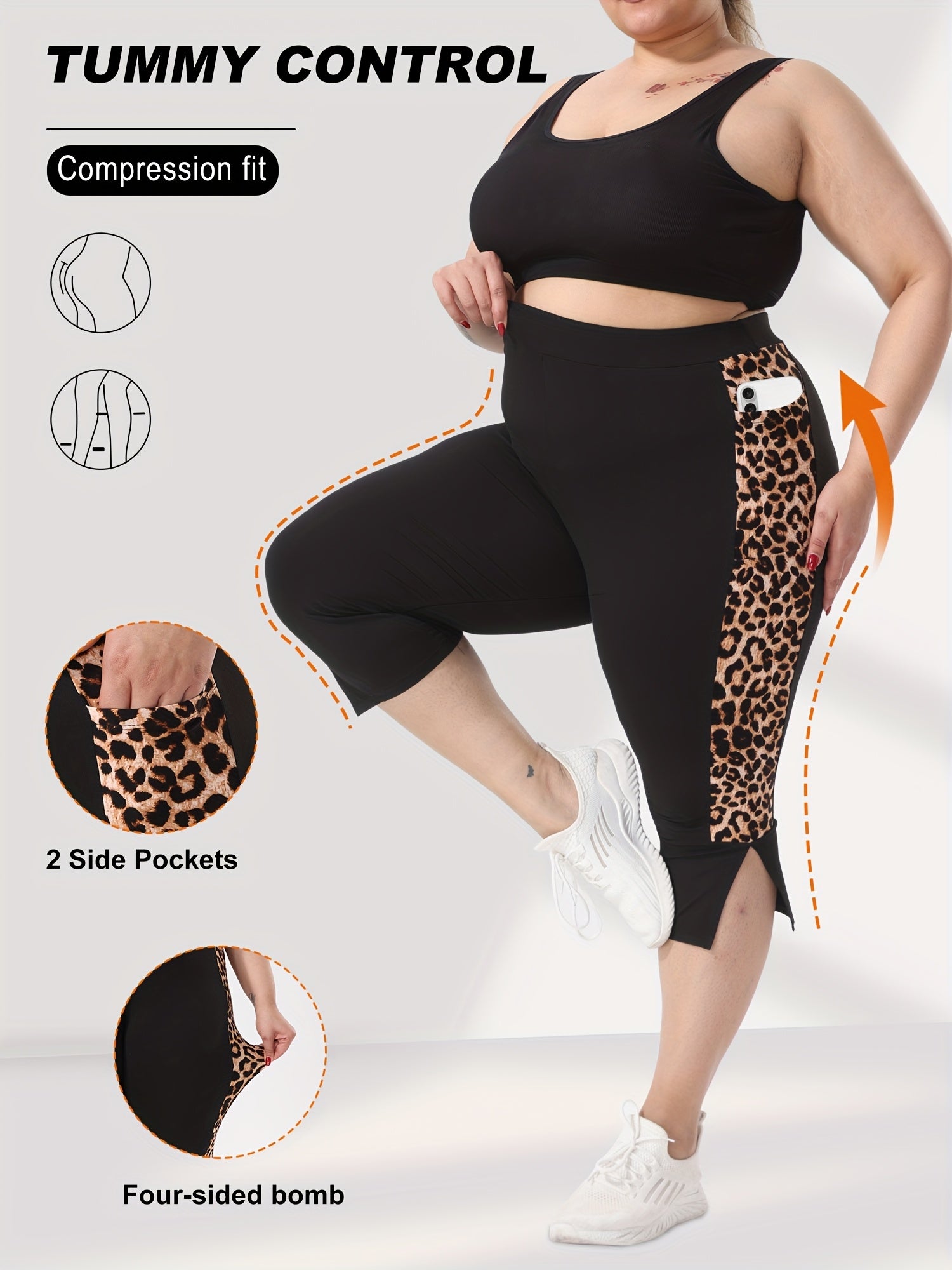 Plus Size High-Waisted 7/8 Leggings with Leopard Print Cuffed Ankle Slits