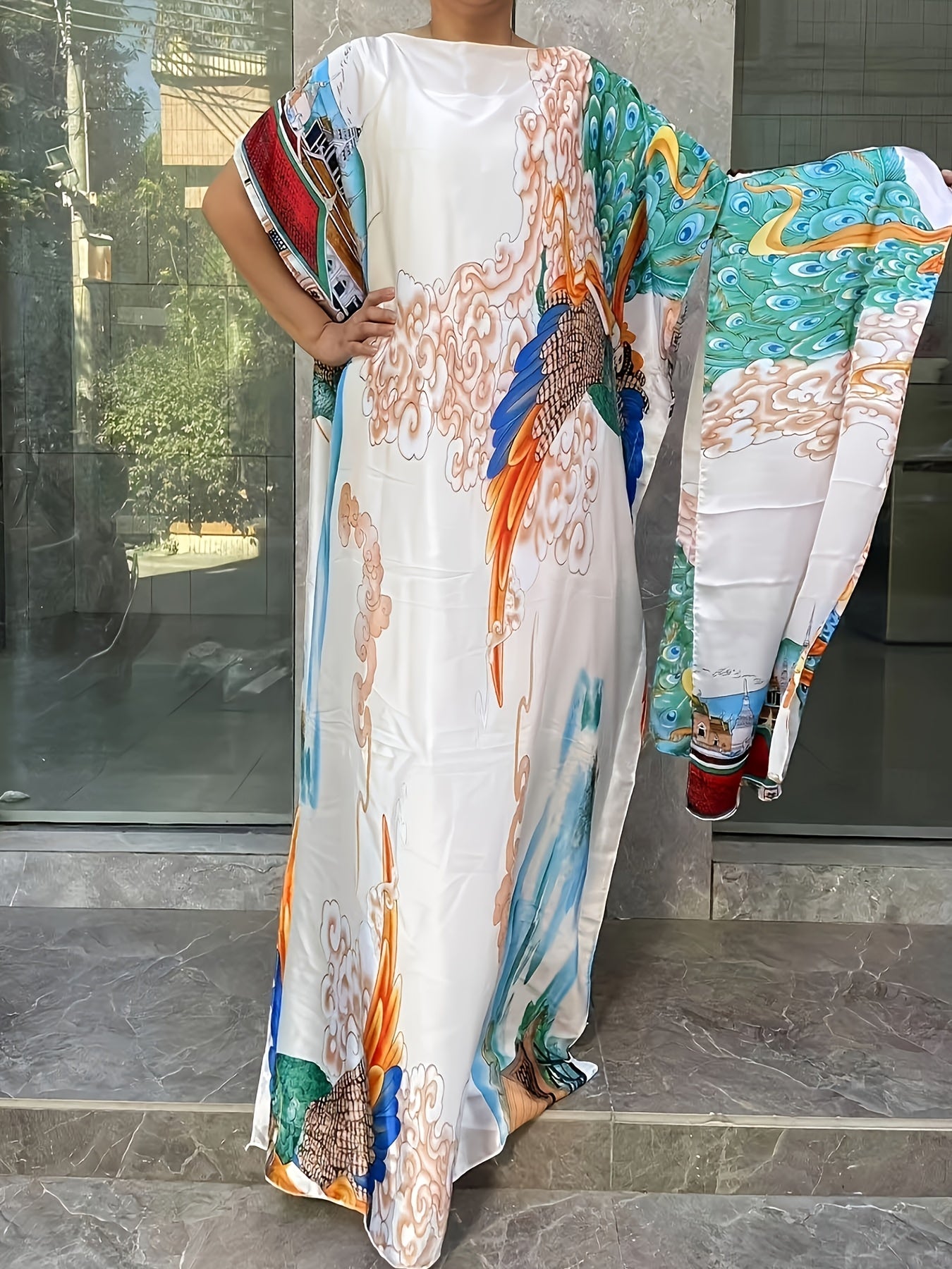 Plus Size Floral Print Longline Dress Short Sleeve Summer Clothing