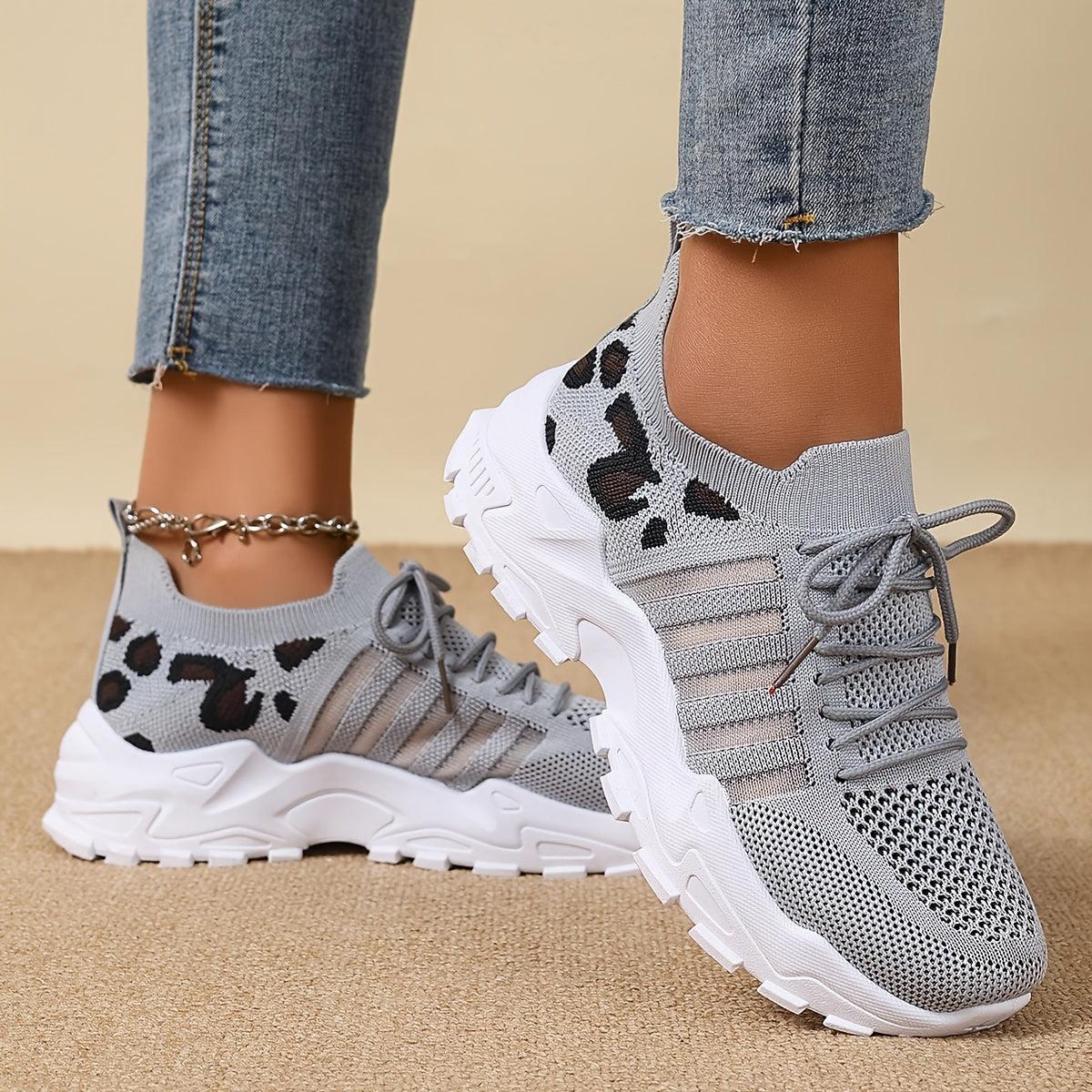 Women's Leopard Print Sneakers Breathable Mesh Low-Top Running Shoes