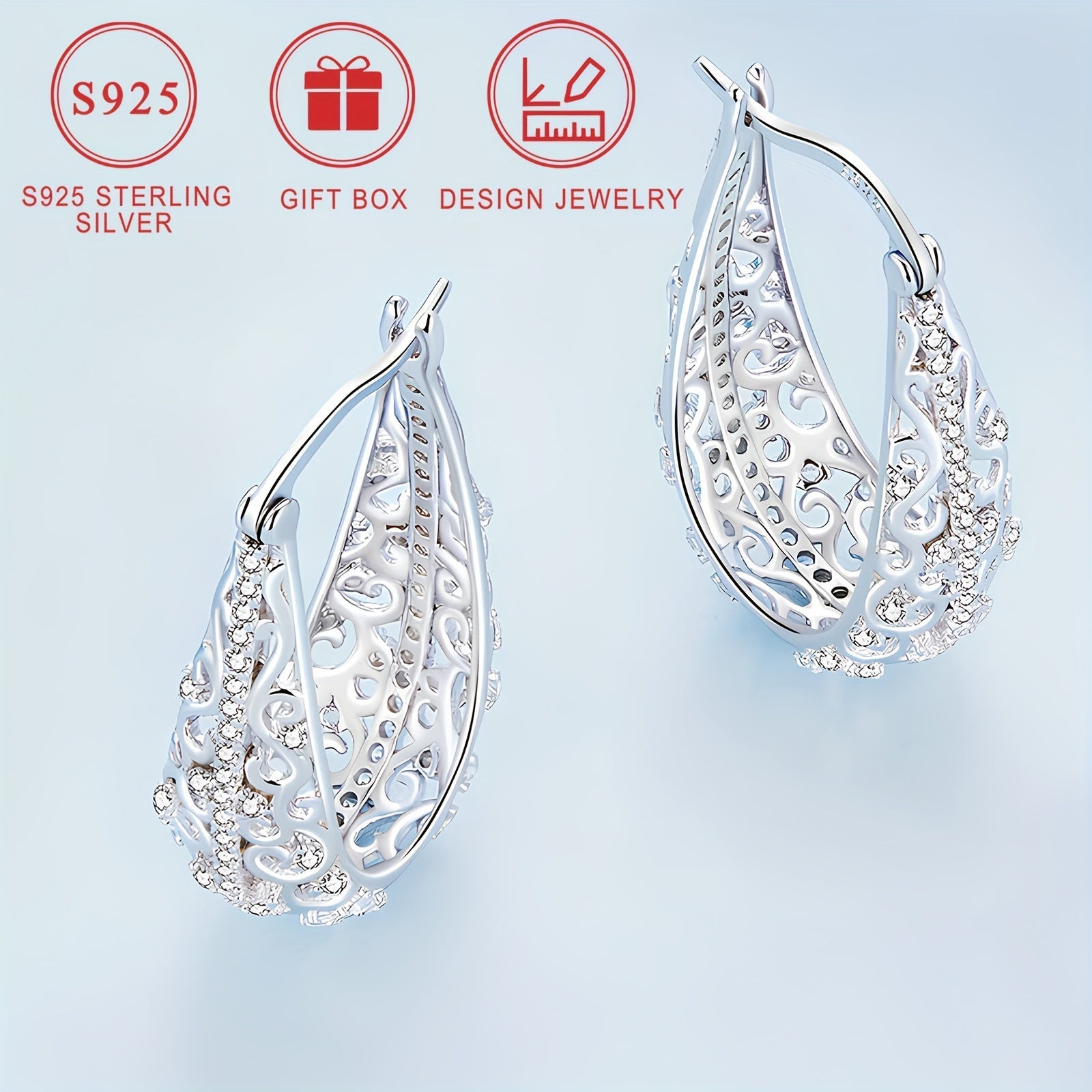 Large Silver Earrings with Zirconia Flower Pattern 18K Gold Plated Hypoallergenic